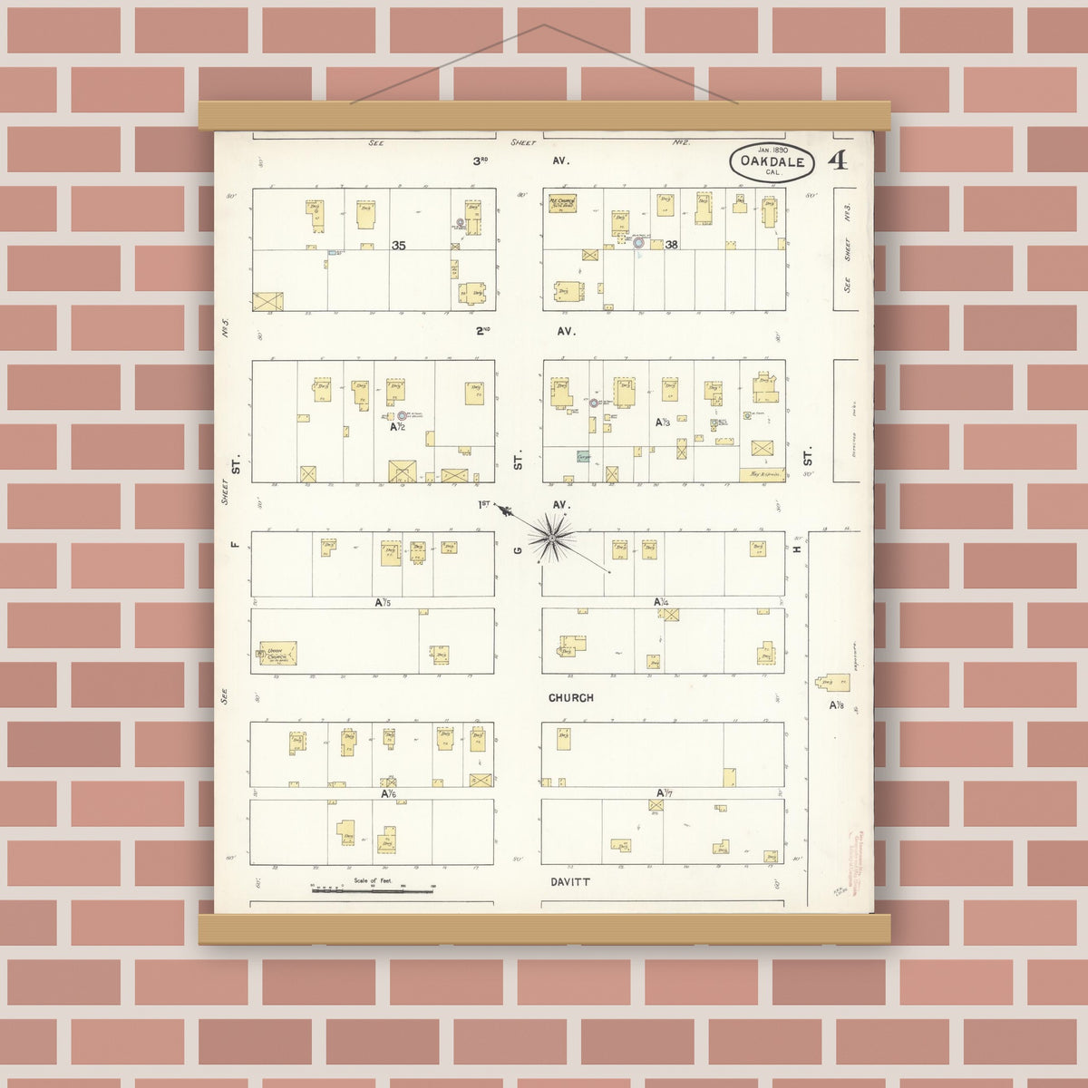 Old map wall art mockup — magnetic wood frame on brick wall — Sanborn Fire Insurance Map from Oakdale, Stanislaus County, California (1890), Sheet #0004