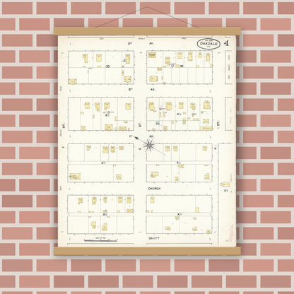 Old map wall art mockup — magnetic wood frame on brick wall — Sanborn Fire Insurance Map from Oakdale, Stanislaus County, California (1890), Sheet #0004