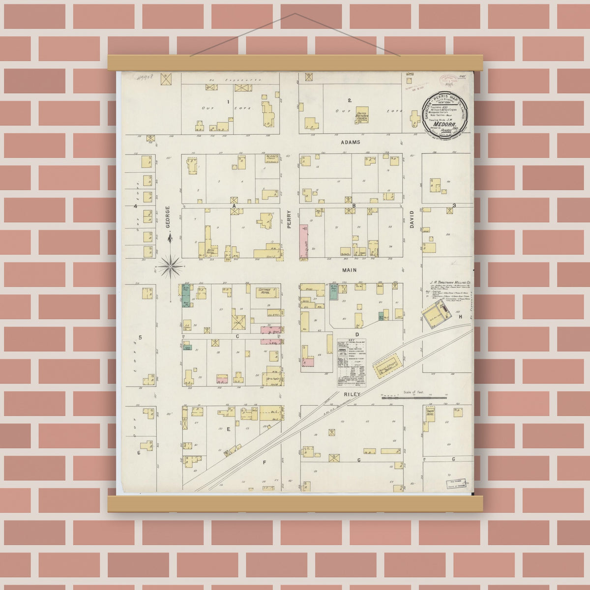 Old map wall art mockup — magnetic wood frame on brick wall — Sanborn Fire Insurance Map from Medora, Jackson County, Indiana (1895), Sheet #0001