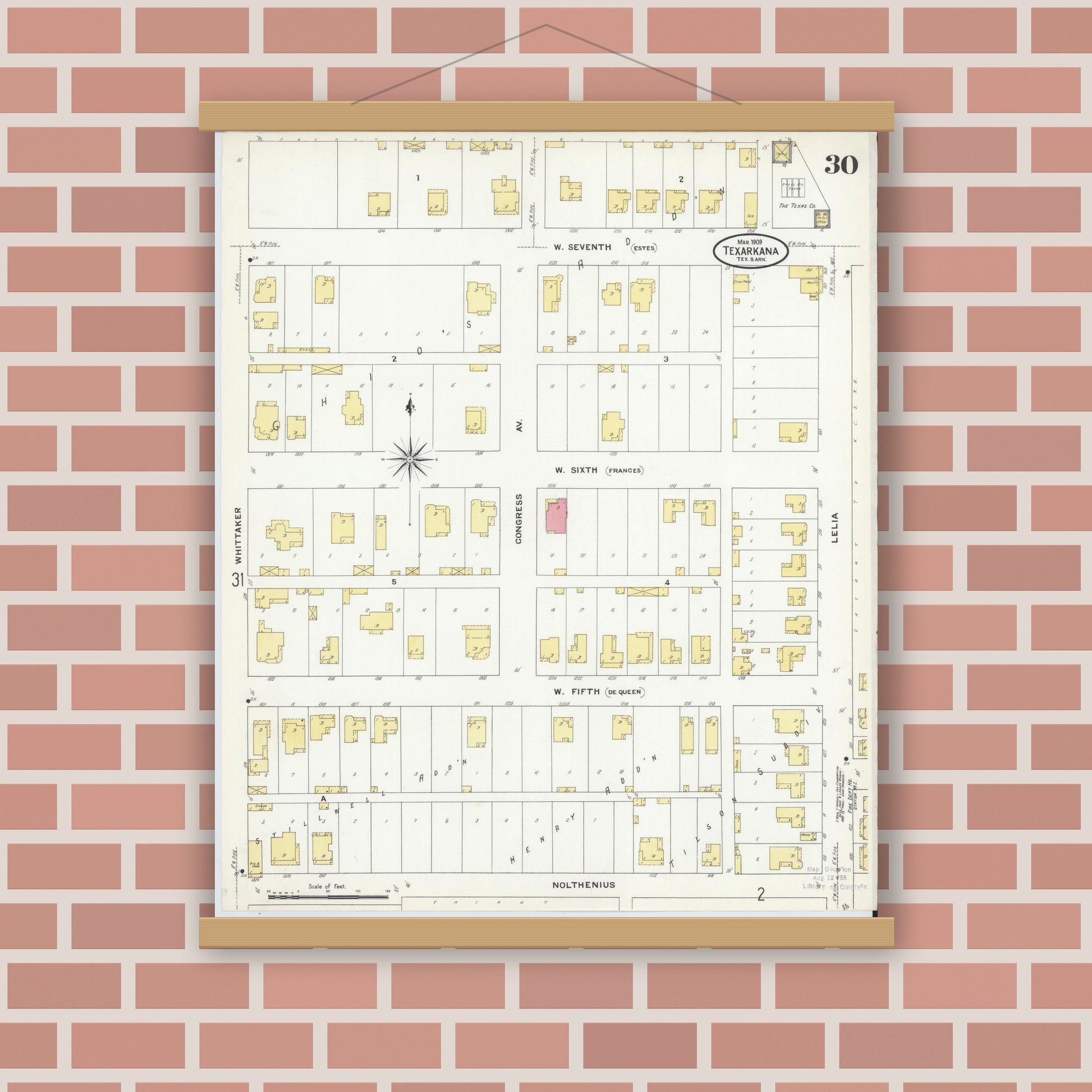 Old map wall art mockup — magnetic wood frame on brick wall — Sanborn Fire Insurance Map from Texarkana, Bowie County, Texas (1909), Sheet #0030