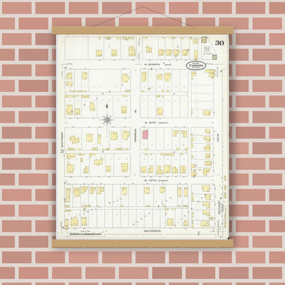 Old map wall art mockup — magnetic wood frame on brick wall — Sanborn Fire Insurance Map from Texarkana, Bowie County, Texas (1909), Sheet #0030
