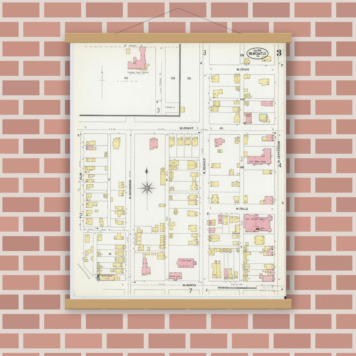 Old map wall art mockup — magnetic wood frame on brick wall — Sanborn Fire Insurance Map from New Castle, Lawrence County, Pennsylvania (1899), Sheet #0003