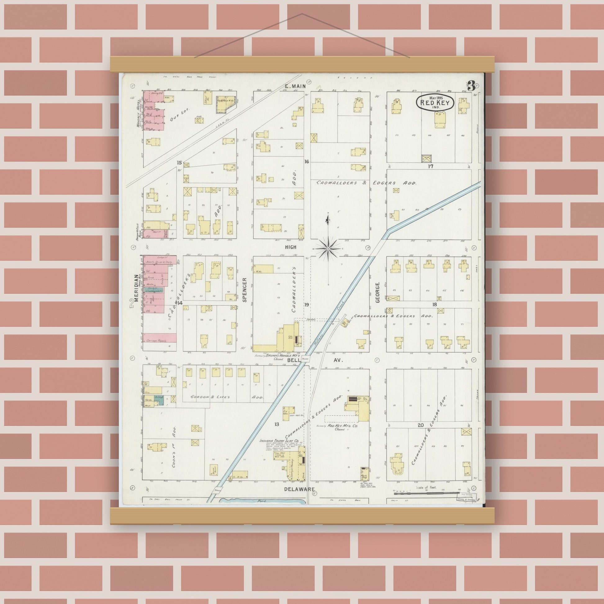 Old map wall art mockup — magnetic wood frame on brick wall — Sanborn Fire Insurance Map from Redkey, Jay County, Indiana (1895), Sheet #0003
