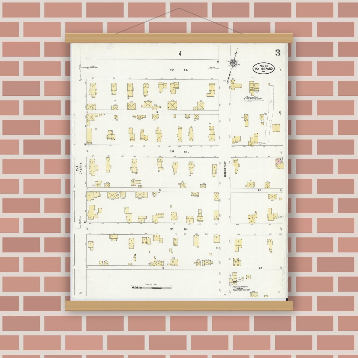 Old map wall art mockup — magnetic wood frame on brick wall — Sanborn Fire Insurance Map from Waterford, Erie County, Pennsylvania (1911), Sheet #0003