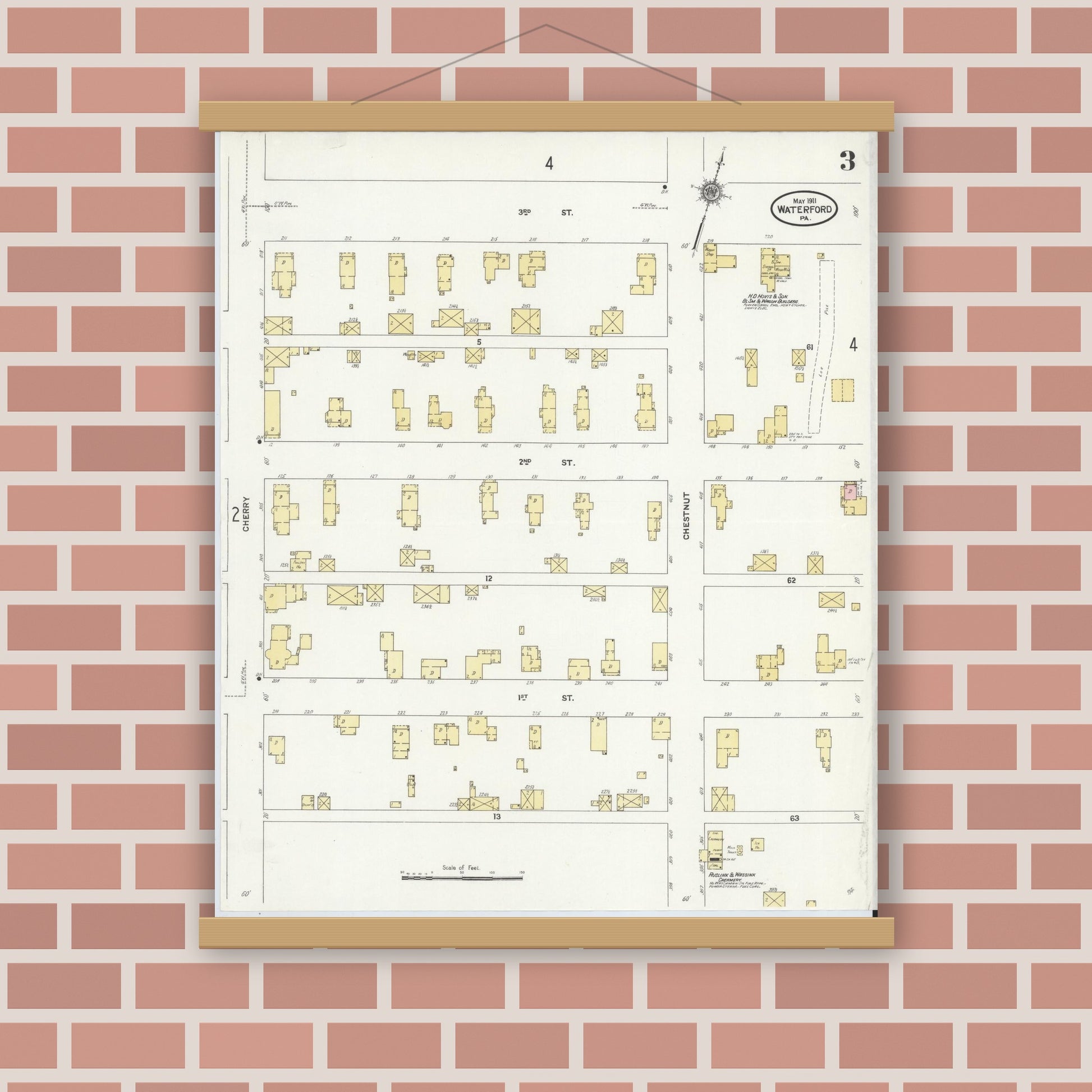 Old map wall art mockup — magnetic wood frame on brick wall — Sanborn Fire Insurance Map from Waterford, Erie County, Pennsylvania (1911), Sheet #0003