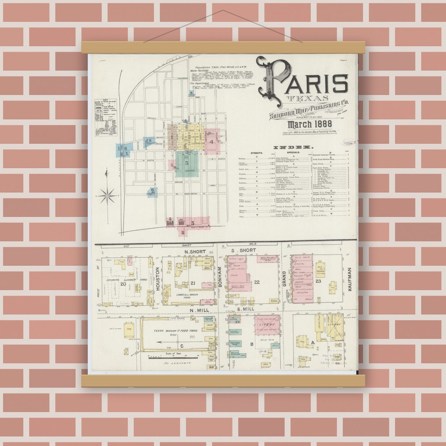 Old map wall art mockup — magnetic wood frame on brick wall — Sanborn Fire Insurance Map from Paris, Lamar County, Texas (1888), Sheet #0001