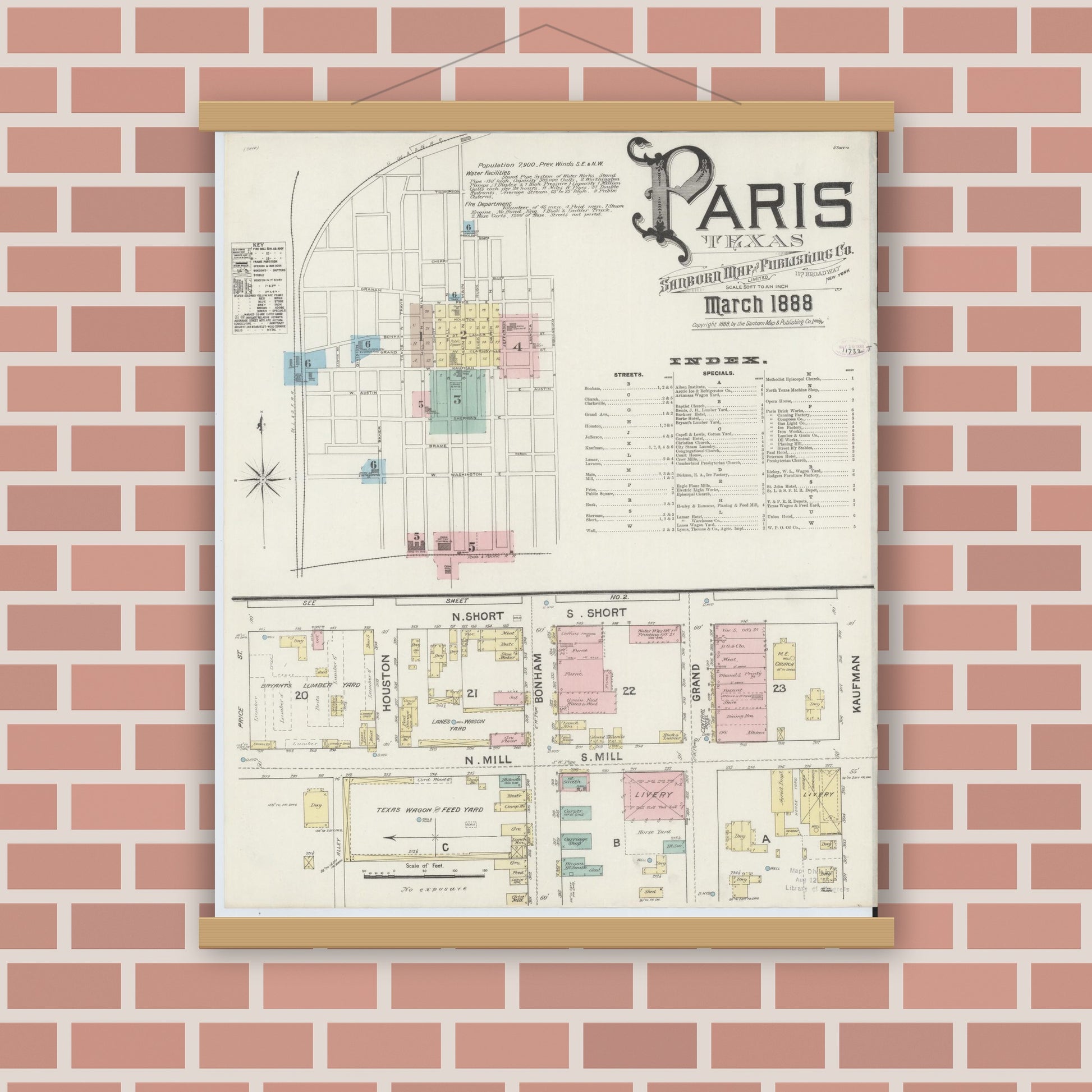 Old map wall art mockup — magnetic wood frame on brick wall — Sanborn Fire Insurance Map from Paris, Lamar County, Texas (1888), Sheet #0001