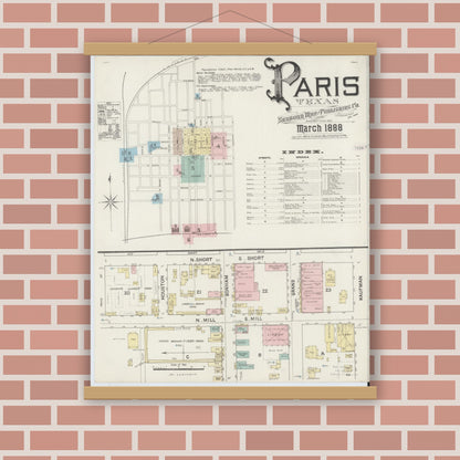 Old map wall art mockup — magnetic wood frame on brick wall — Sanborn Fire Insurance Map from Paris, Lamar County, Texas (1888), Sheet #0001