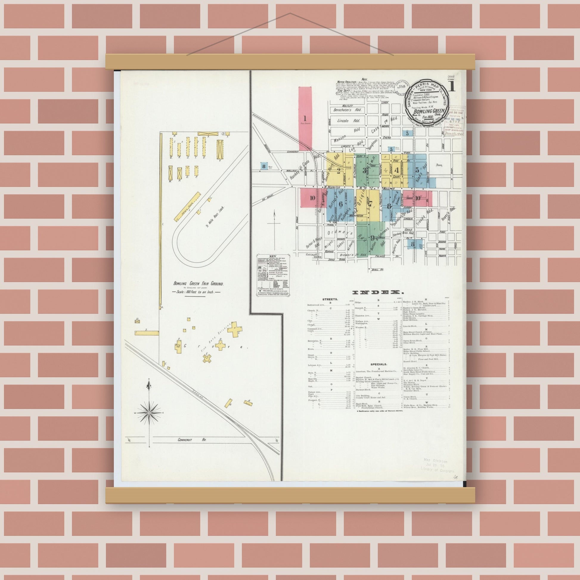 Old map wall art mockup — magnetic wood frame on brick wall — Sanborn Fire Insurance Map from Bowling Green, Wood County, Ohio (1900), Sheet #0001