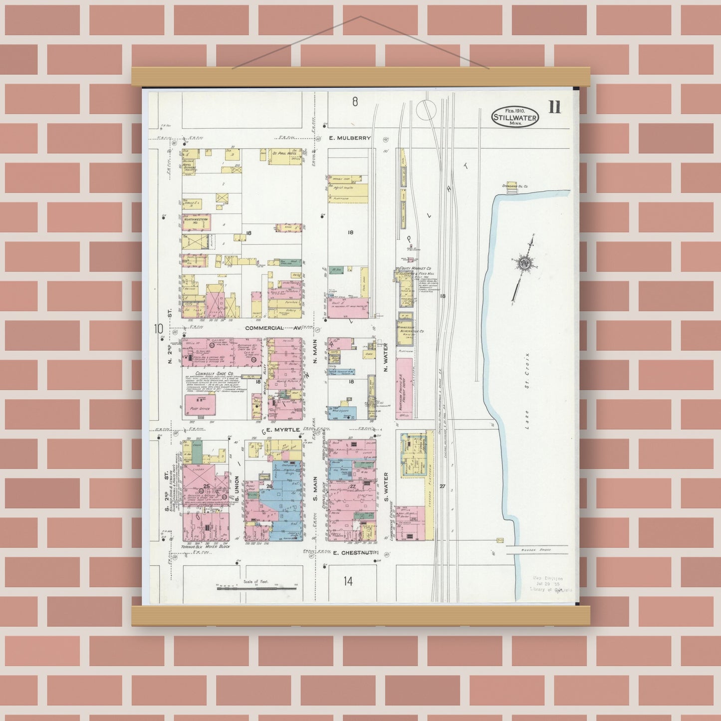 Old map wall art mockup — magnetic wood frame on brick wall — Sanborn Fire Insurance Map from Stillwater, Washington County, Minnesota (1910), Sheet #0011