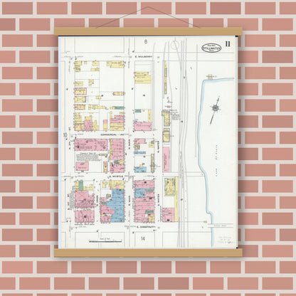 Old map wall art mockup — magnetic wood frame on brick wall — Sanborn Fire Insurance Map from Stillwater, Washington County, Minnesota (1910), Sheet #0011