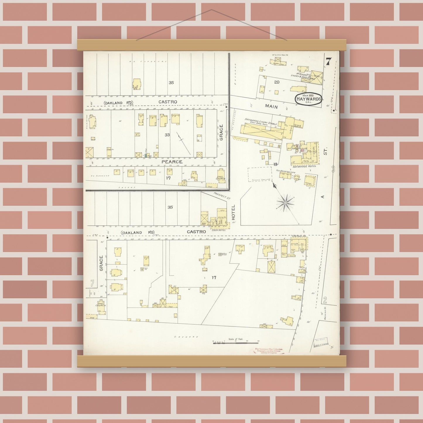 Old map wall art mockup — magnetic wood frame on brick wall — Sanborn Fire Insurance Map from Hayward, Alameda County, California (1893), Sheet #0007
