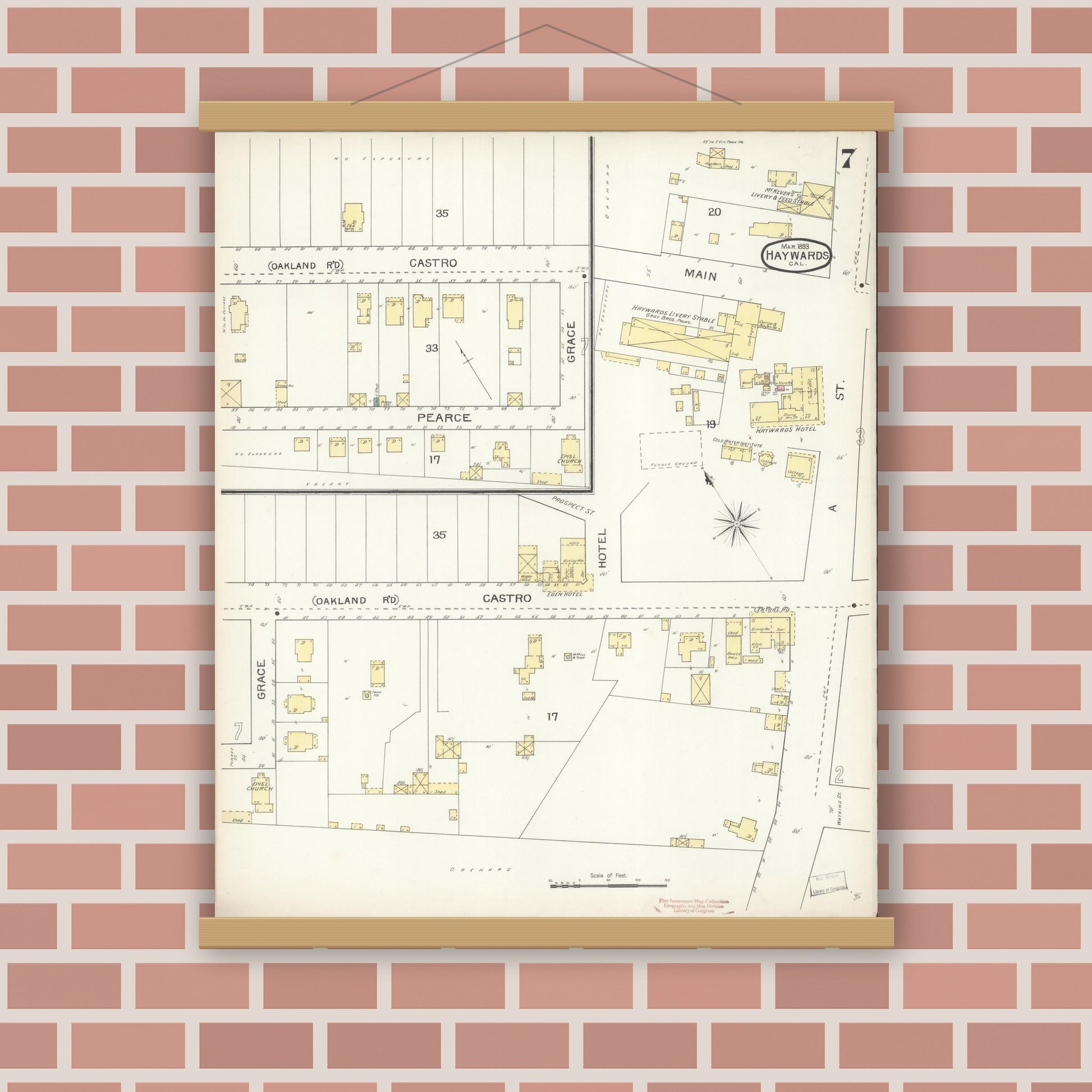 Old map wall art mockup — magnetic wood frame on brick wall — Sanborn Fire Insurance Map from Hayward, Alameda County, California (1893), Sheet #0007