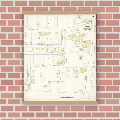 Old map wall art mockup — magnetic wood frame on brick wall — Sanborn Fire Insurance Map from Hayward, Alameda County, California (1893), Sheet #0007