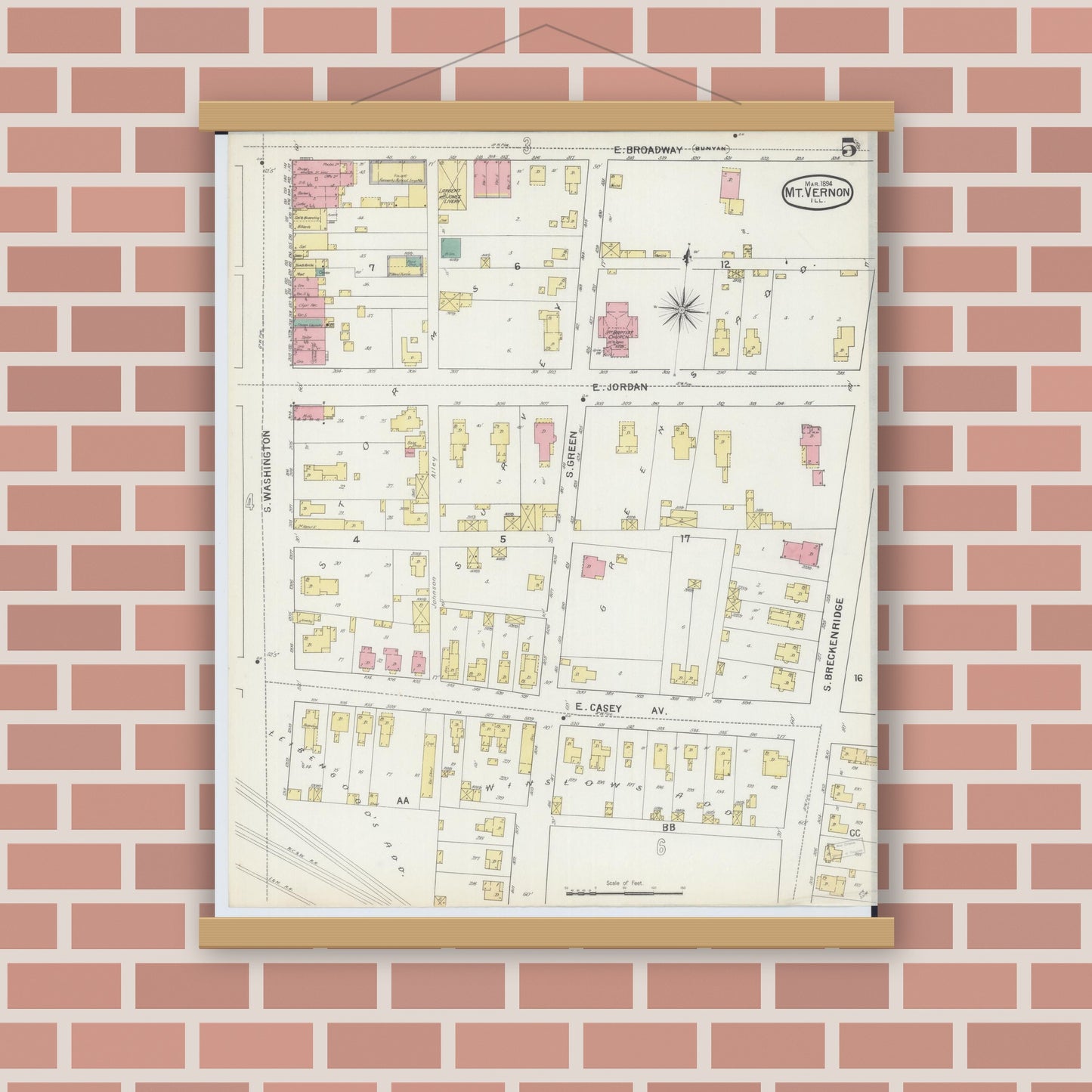 Old map wall art mockup — magnetic wood frame on brick wall — Sanborn Fire Insurance Map from Mount Vernon, Jefferson County, Illinois (1894), Sheet #0005