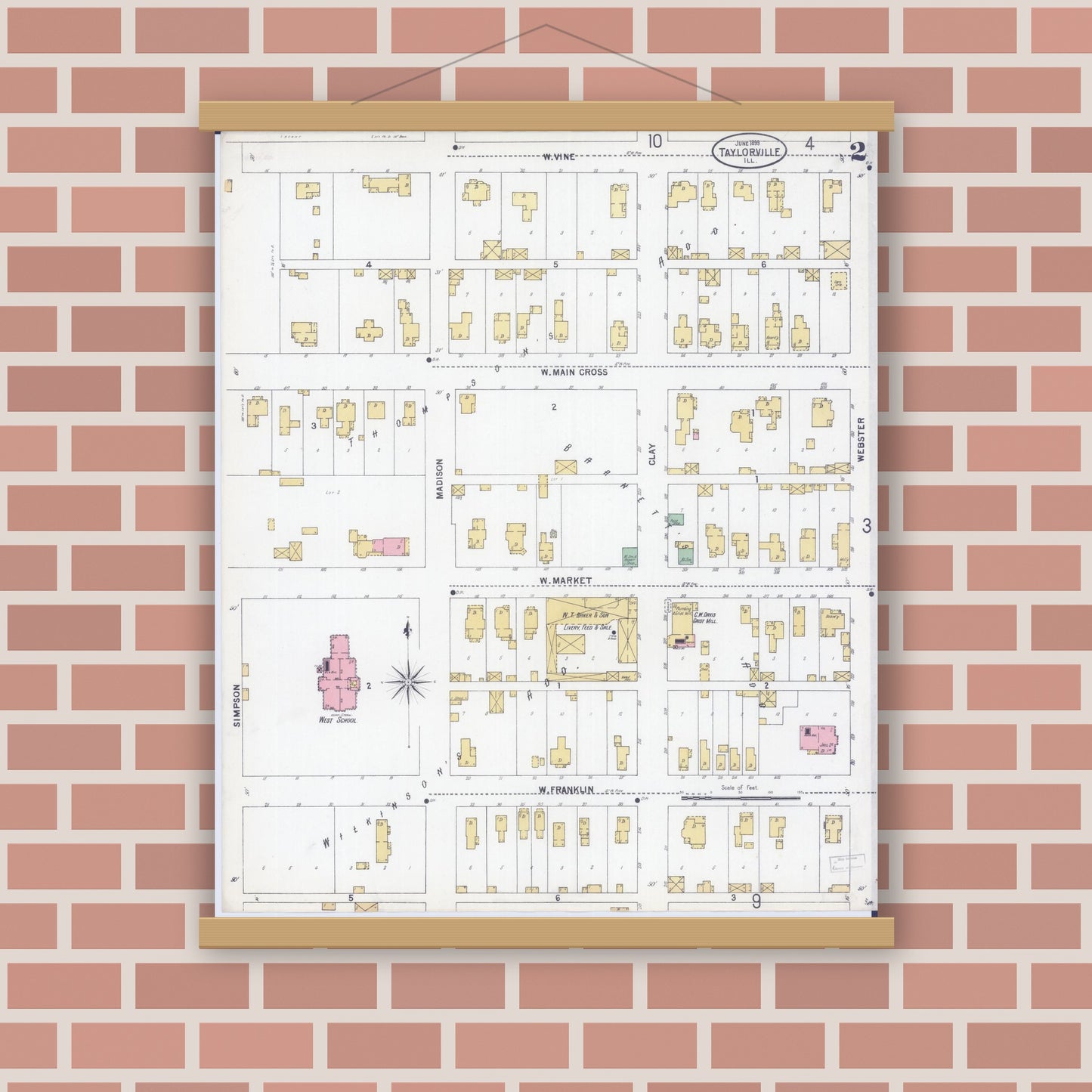 Old map wall art mockup — magnetic wood frame on brick wall — Sanborn Fire Insurance Map from Taylorville, Christian County, Illinois (1899), Sheet #0002