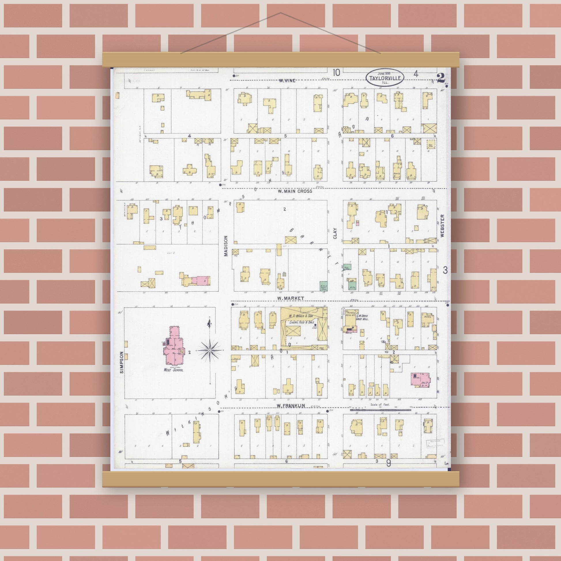 Old map wall art mockup — magnetic wood frame on brick wall — Sanborn Fire Insurance Map from Taylorville, Christian County, Illinois (1899), Sheet #0002