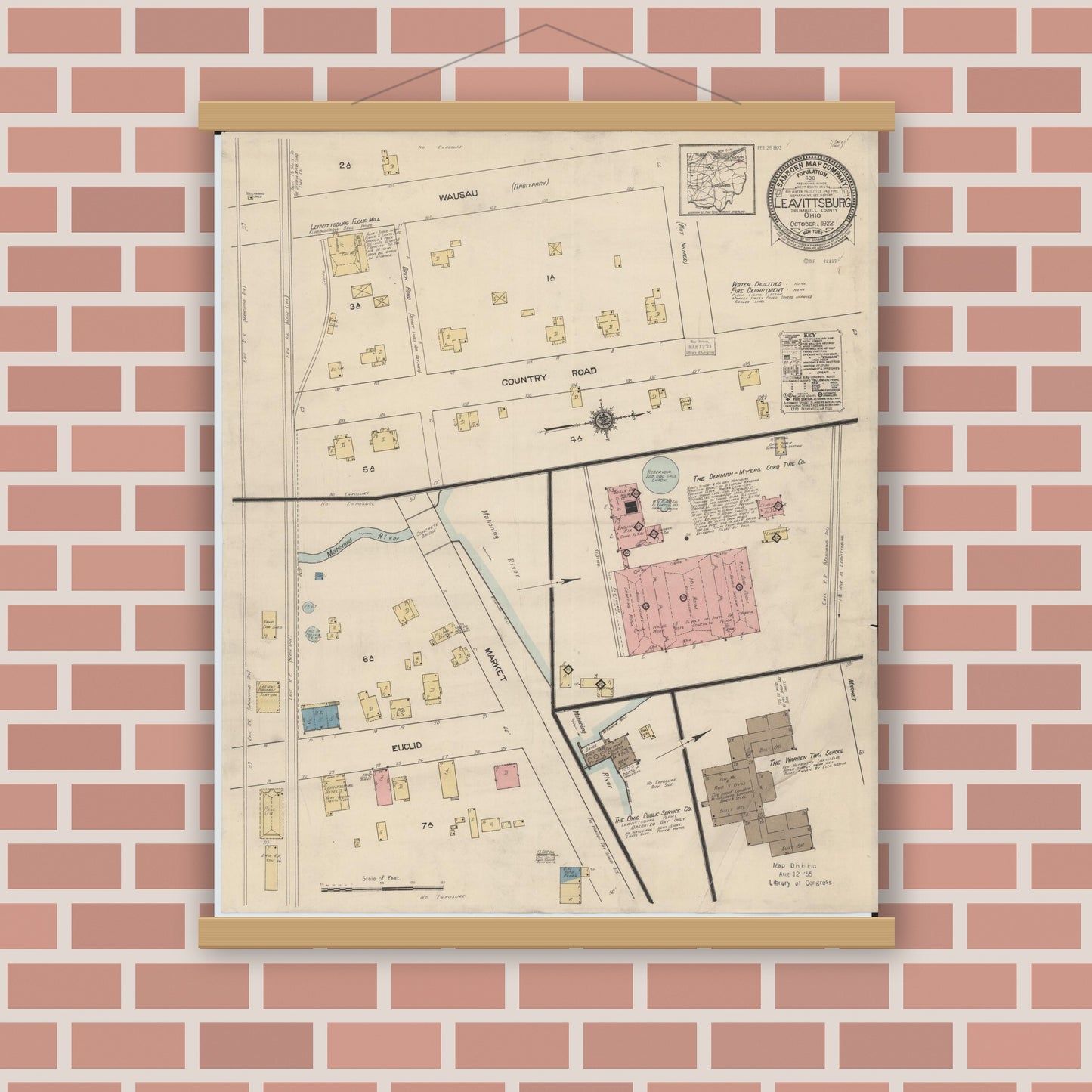Old map wall art mockup — magnetic wood frame on brick wall — Sanborn Fire Insurance Map from Leavittsburg, Trumbull County, Ohio (1922), Sheet #0001