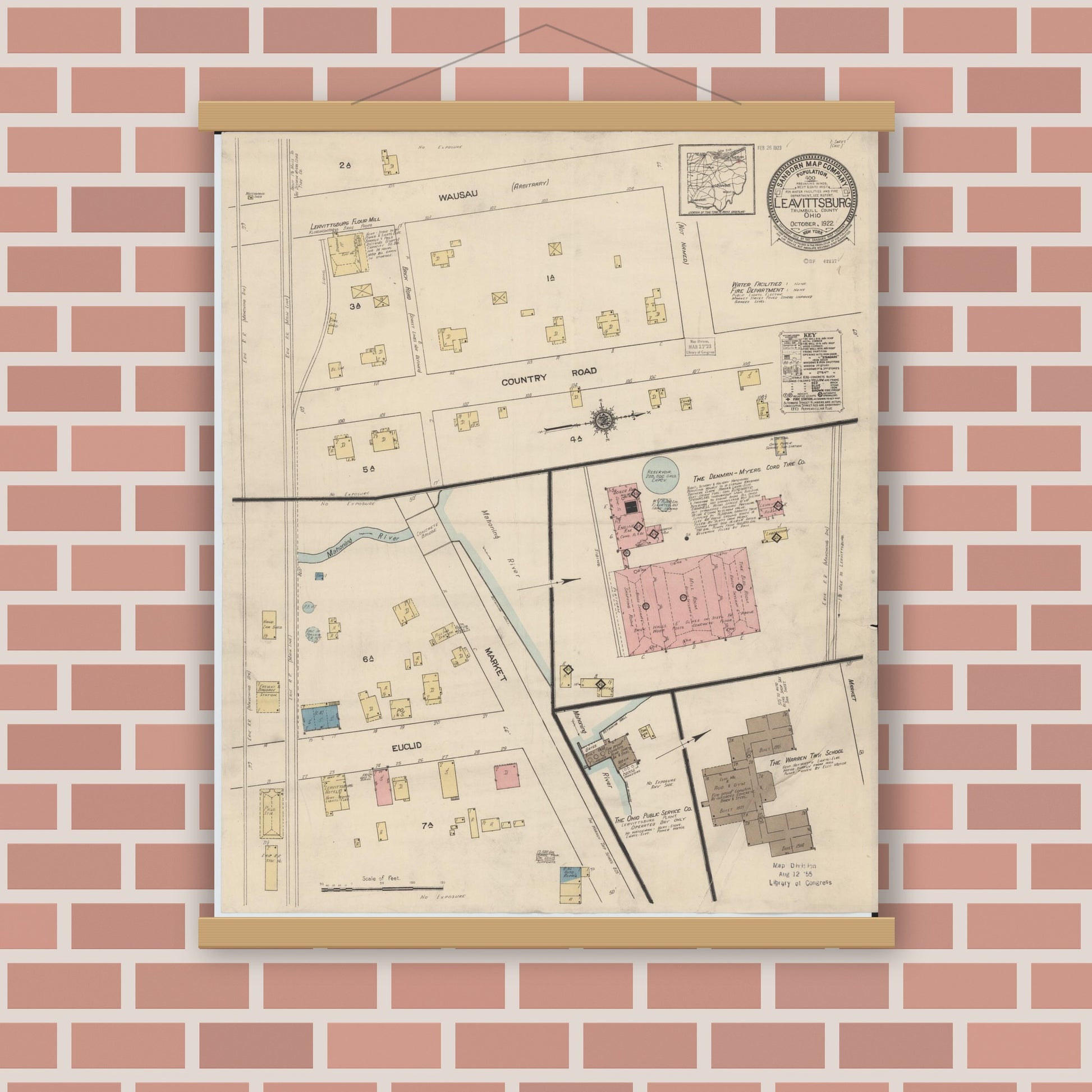 Old map wall art mockup — magnetic wood frame on brick wall — Sanborn Fire Insurance Map from Leavittsburg, Trumbull County, Ohio (1922), Sheet #0001