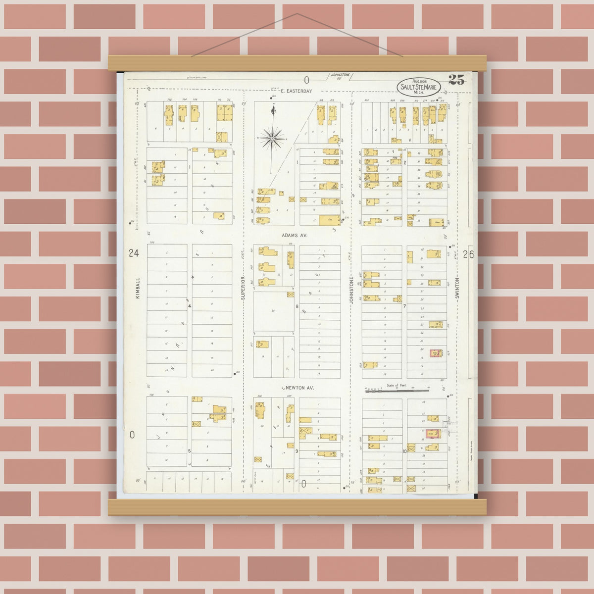 Old map wall art mockup — magnetic wood frame on brick wall — Sanborn Fire Insurance Map from Sault Sainte Marie, Chippewa County, Michigan (1906), Sheet #0025