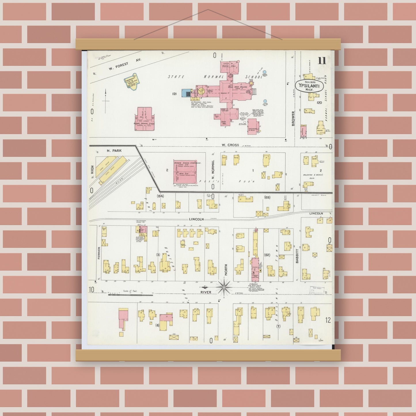 Old map wall art mockup — magnetic wood frame on brick wall — Sanborn Fire Insurance Map from Ypsilanti, Washtenaw County, Michigan (1899), Sheet #0011