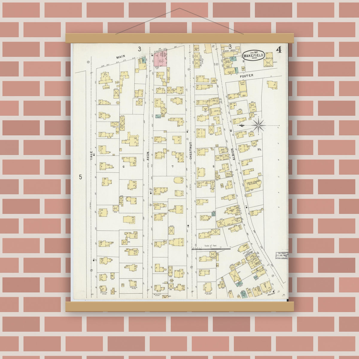 Old map wall art mockup — magnetic wood frame on brick wall — Sanborn Fire Insurance Map from Wakefield, Middlesex County, Massachusetts (1897), Sheet #0004
