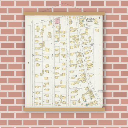 Old map wall art mockup — magnetic wood frame on brick wall — Sanborn Fire Insurance Map from Wakefield, Middlesex County, Massachusetts (1897), Sheet #0004