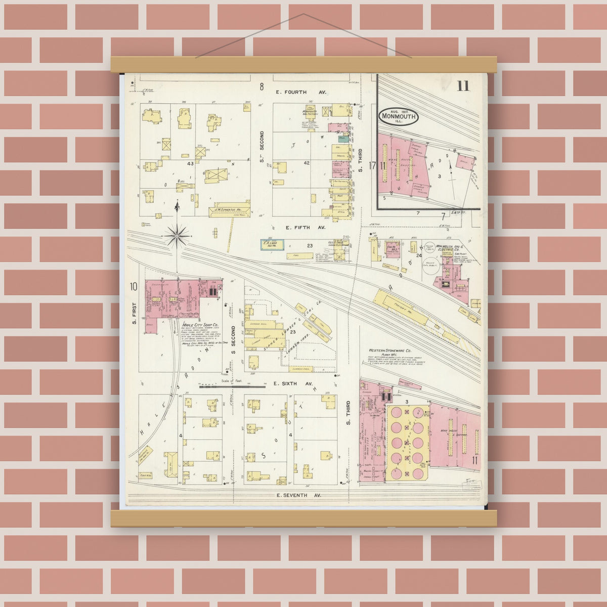 Old map wall art mockup — magnetic wood frame on brick wall — Sanborn Fire Insurance Map from Monmouth, Warren County, Illinois (1907), Sheet #0011