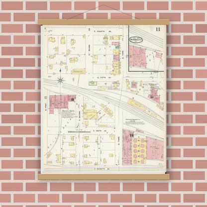 Old map wall art mockup — magnetic wood frame on brick wall — Sanborn Fire Insurance Map from Monmouth, Warren County, Illinois (1907), Sheet #0011