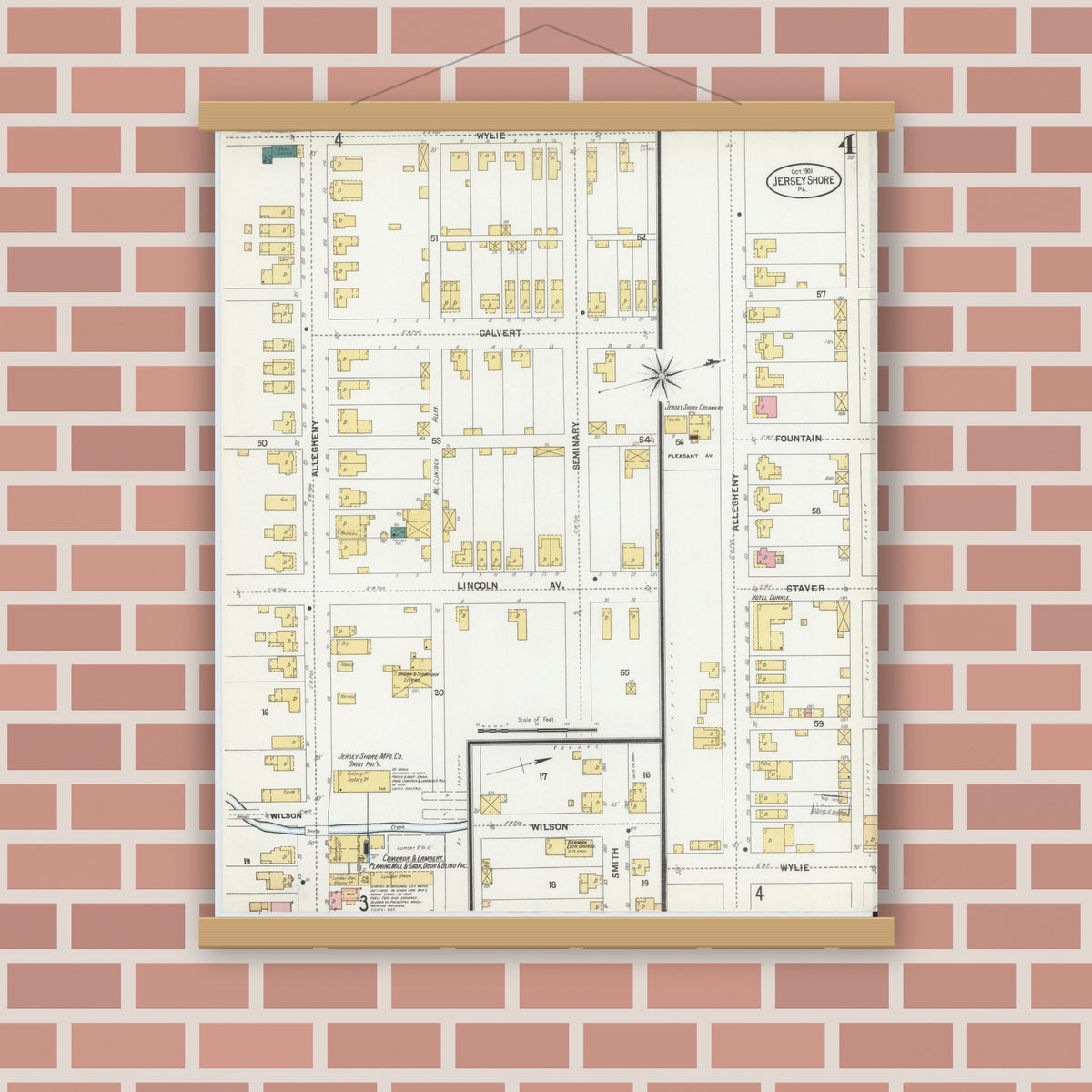 Old map wall art mockup — magnetic wood frame on brick wall — Sanborn Fire Insurance Map from Jersey Shore, Lycoming County, Pennsylvania (1901), Sheet #0004