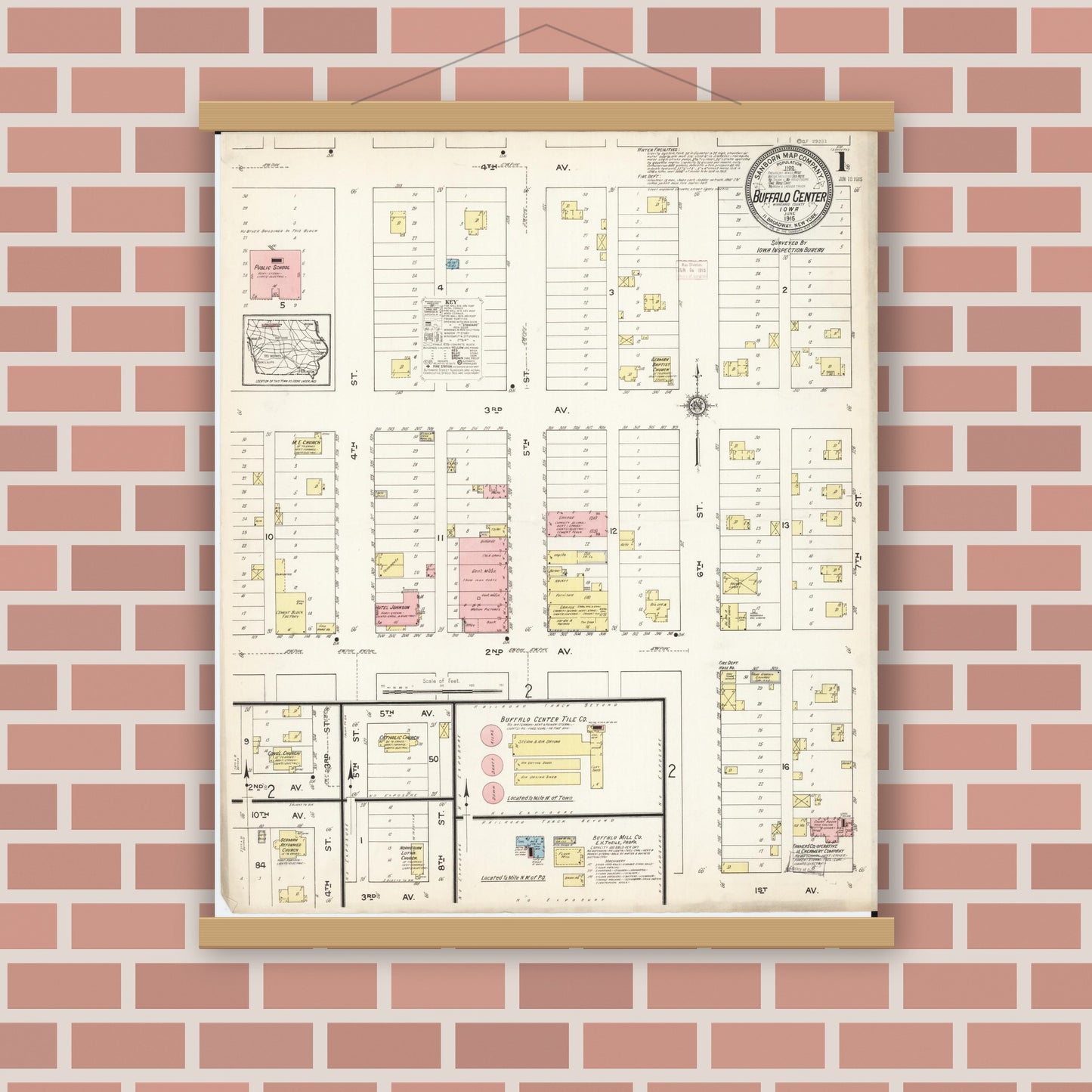 Old map wall art mockup — magnetic wood frame on brick wall — Sanborn Fire Insurance Map from Buffalo Center, Winnebago County, Iowa (1915) â€” Complete Set