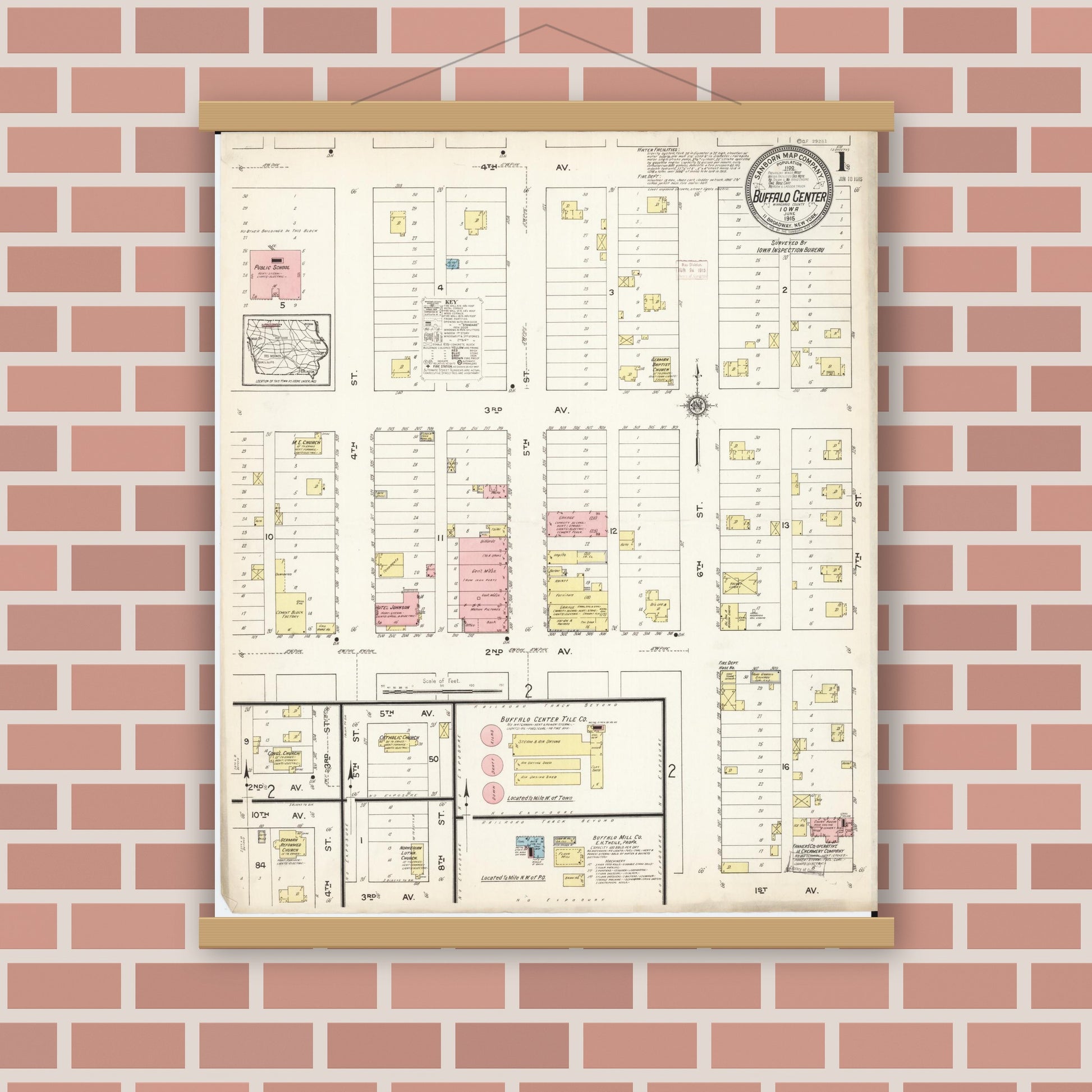 Old map wall art mockup — magnetic wood frame on brick wall — Sanborn Fire Insurance Map from Buffalo Center, Winnebago County, Iowa (1915) â€” Complete Set