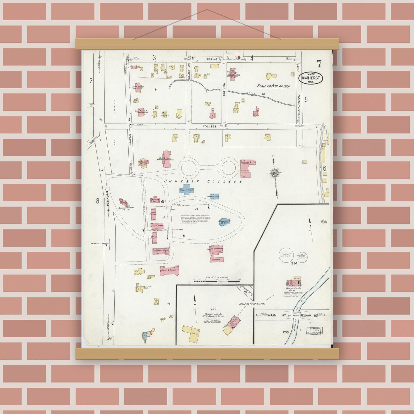 Old map wall art mockup — magnetic wood frame on brick wall — Sanborn Fire Insurance Map from Amherst, Hampshire County, Massachusetts (1916), Sheet #0007