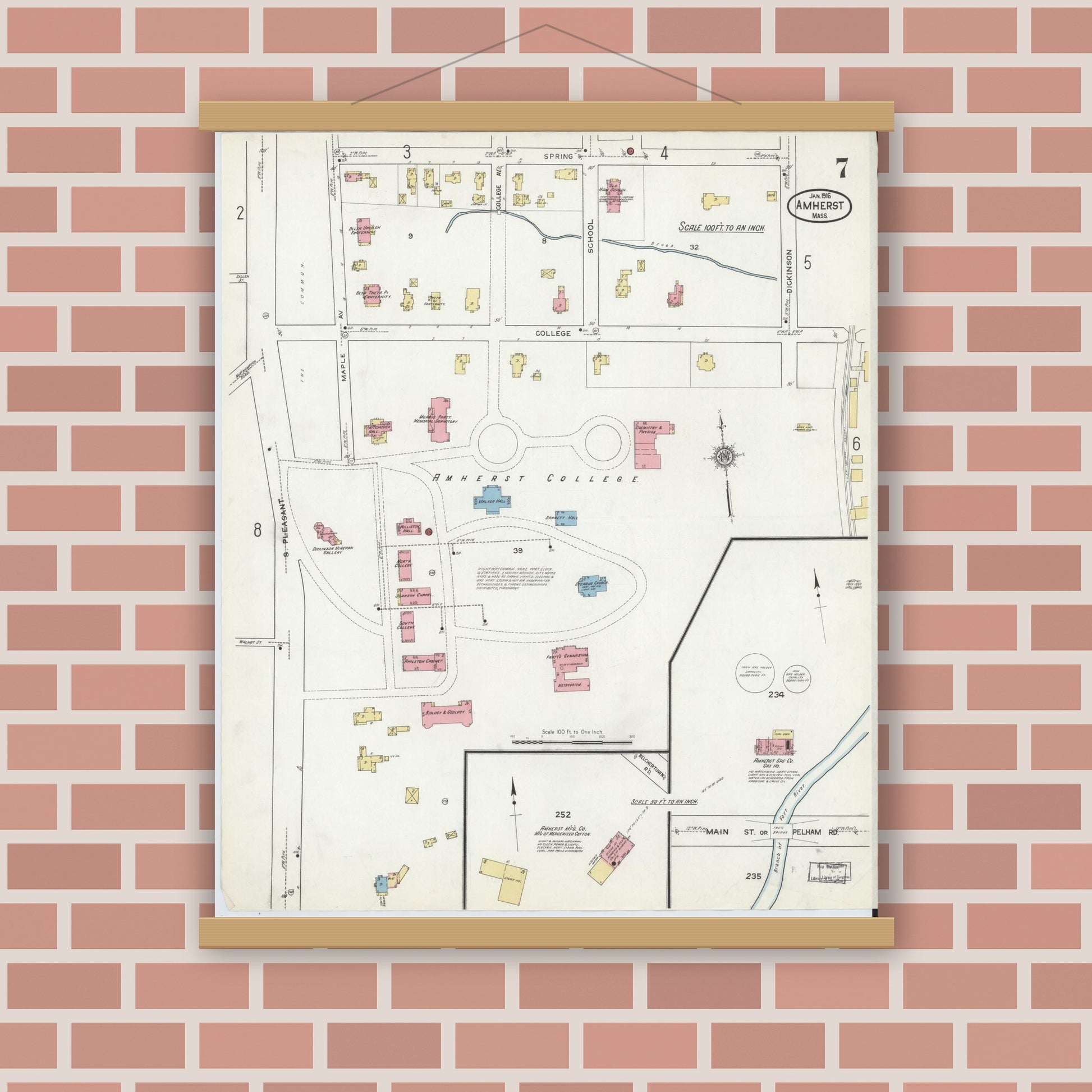 Old map wall art mockup — magnetic wood frame on brick wall — Sanborn Fire Insurance Map from Amherst, Hampshire County, Massachusetts (1916), Sheet #0007