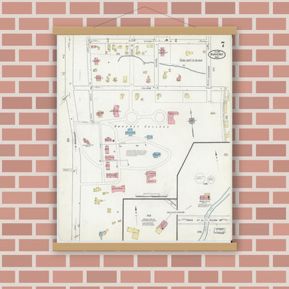 Old map wall art mockup — magnetic wood frame on brick wall — Sanborn Fire Insurance Map from Amherst, Hampshire County, Massachusetts (1916), Sheet #0007