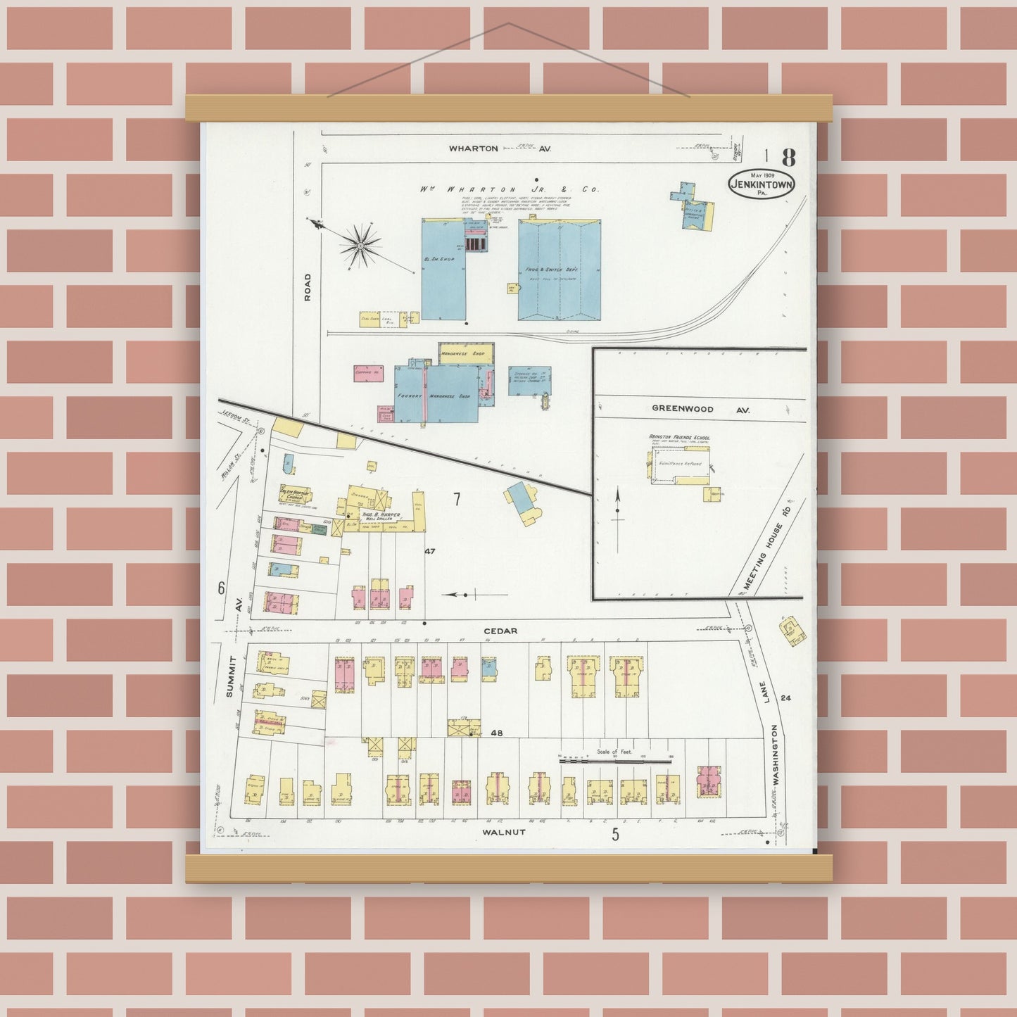 Old map wall art mockup — magnetic wood frame on brick wall — Sanborn Fire Insurance Map from Jenkintown, Montgomery County, Pennsylvania (1909), Sheet #0008