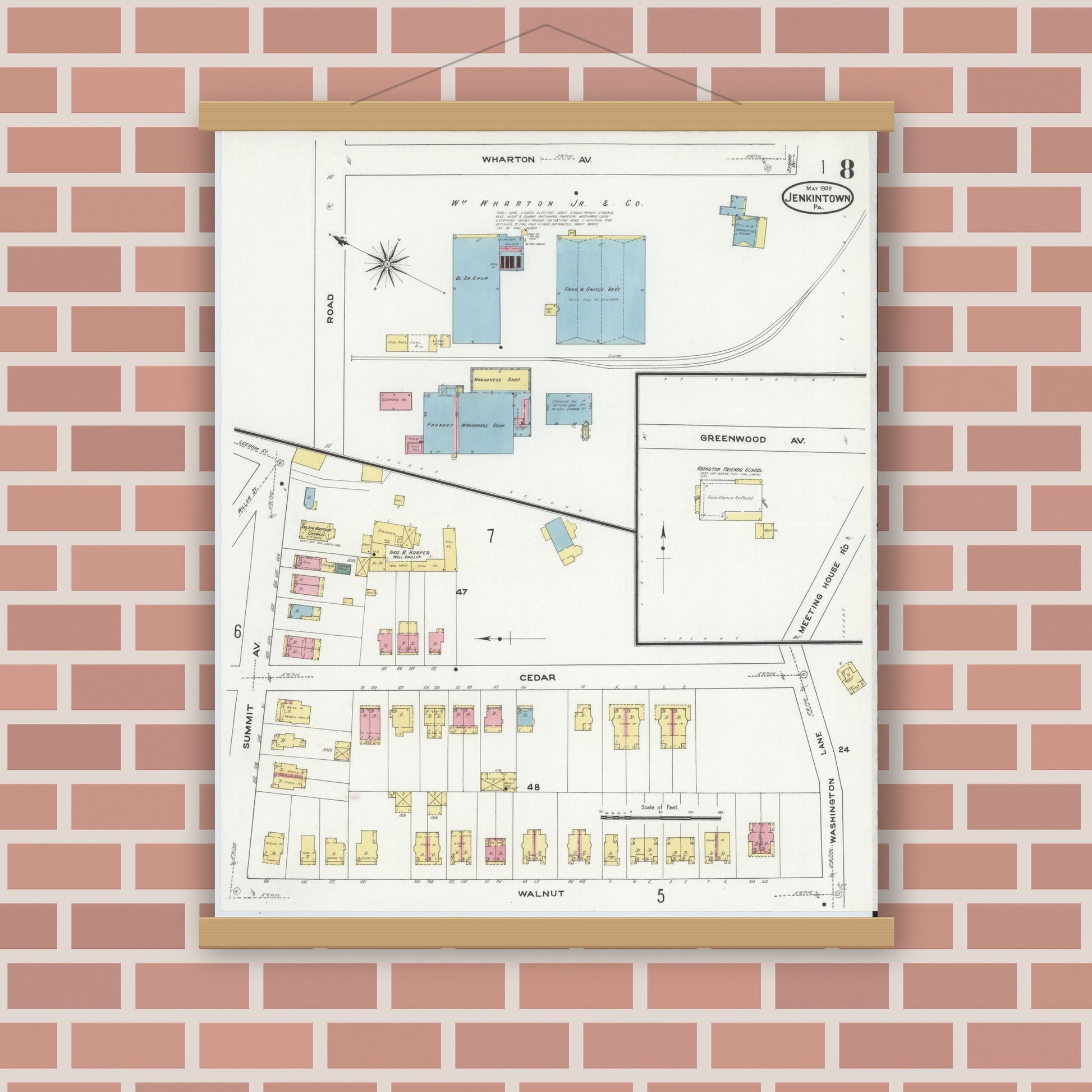 Old map wall art mockup — magnetic wood frame on brick wall — Sanborn Fire Insurance Map from Jenkintown, Montgomery County, Pennsylvania (1909), Sheet #0008