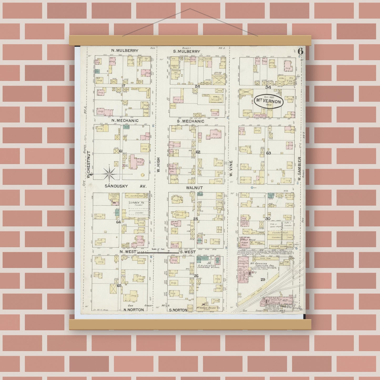 Old map wall art mockup — magnetic wood frame on brick wall — Sanborn Fire Insurance Map from Mount Vernon, Knox County, Ohio (1887), Sheet #0006