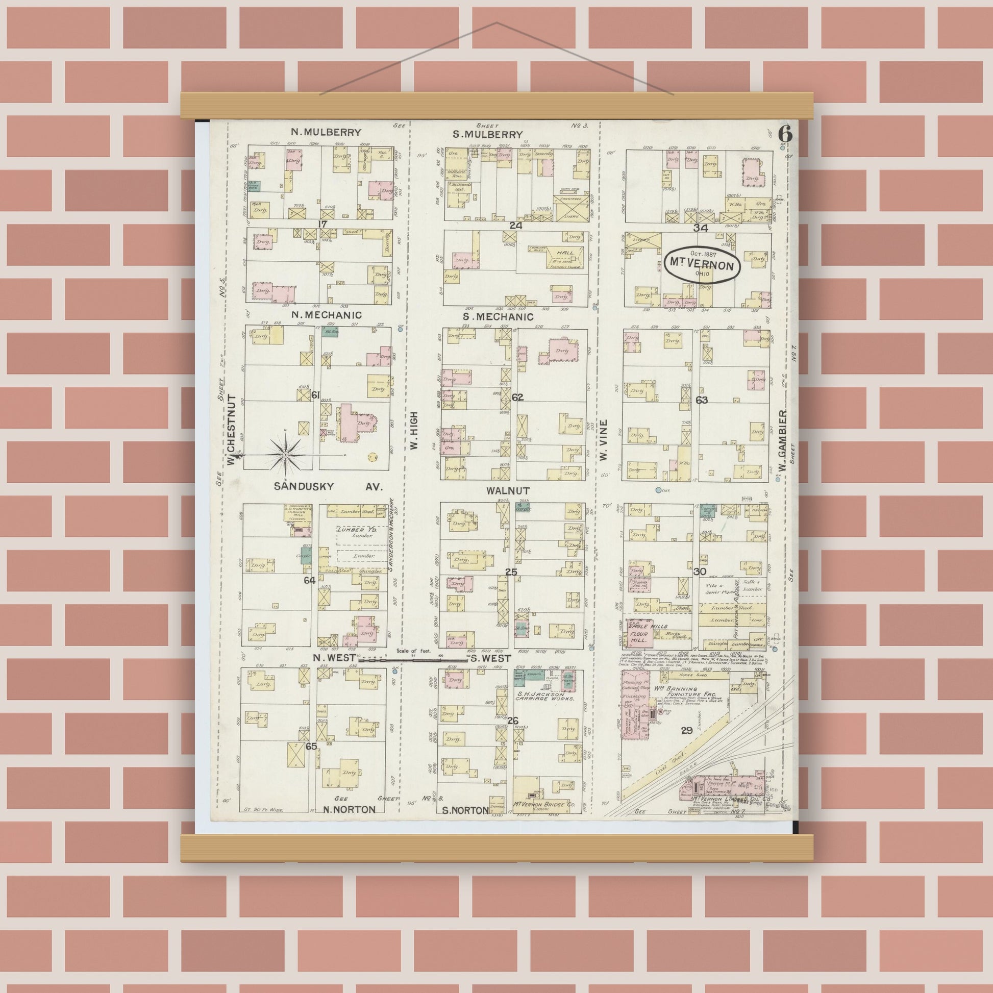 Old map wall art mockup — magnetic wood frame on brick wall — Sanborn Fire Insurance Map from Mount Vernon, Knox County, Ohio (1887), Sheet #0006
