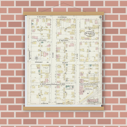 Old map wall art mockup — magnetic wood frame on brick wall — Sanborn Fire Insurance Map from Mount Vernon, Knox County, Ohio (1887), Sheet #0006