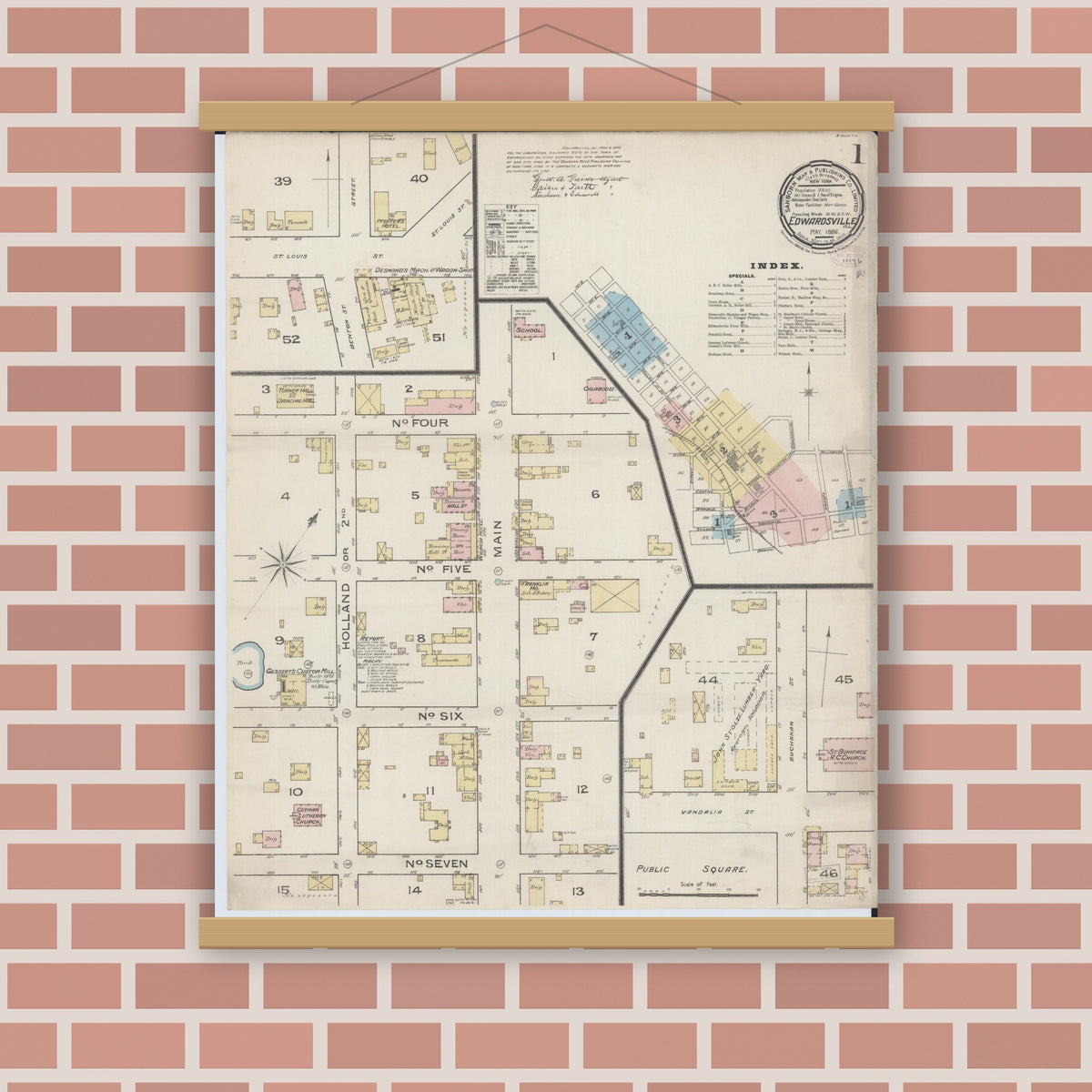 Old map wall art mockup — magnetic wood frame on brick wall — Sanborn Fire Insurance Map from Edwardsville, Madison County, Illinois (1886), Sheet #0001
