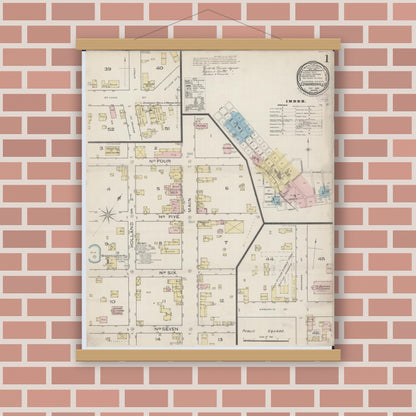 Old map wall art mockup — magnetic wood frame on brick wall — Sanborn Fire Insurance Map from Edwardsville, Madison County, Illinois (1886), Sheet #0001