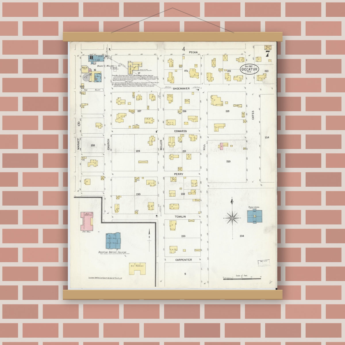 Old map wall art mockup — magnetic wood frame on brick wall — Sanborn Fire Insurance Map from Decatur, Wise County, Texas (1907), Sheet #0007