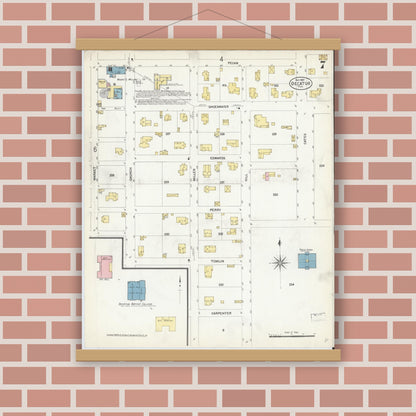 Old map wall art mockup — magnetic wood frame on brick wall — Sanborn Fire Insurance Map from Decatur, Wise County, Texas (1907), Sheet #0007