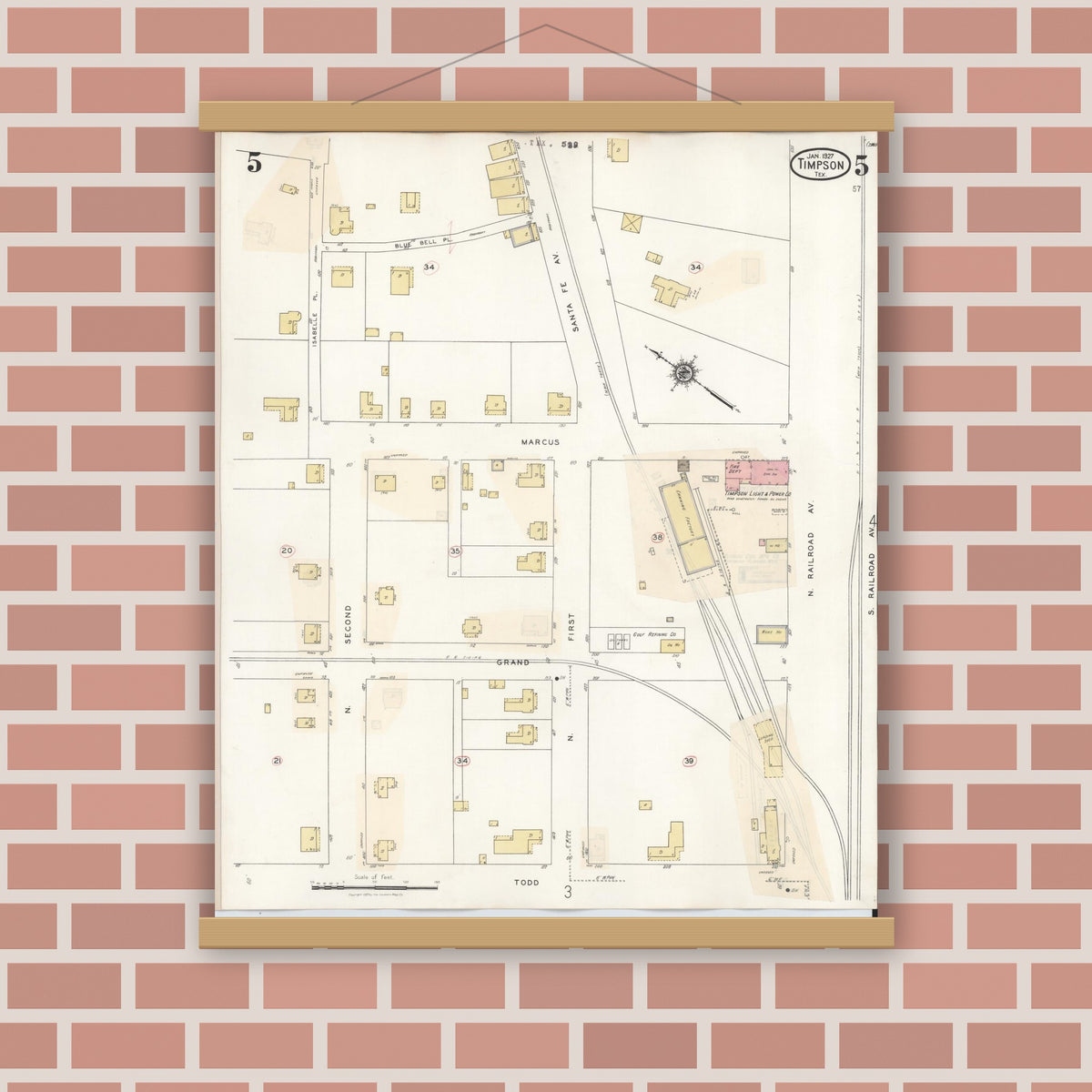 Old map wall art mockup — magnetic wood frame on brick wall — Sanborn Fire Insurance Map from Timpson, Shelby County, Texas (1941), Sheet #0005