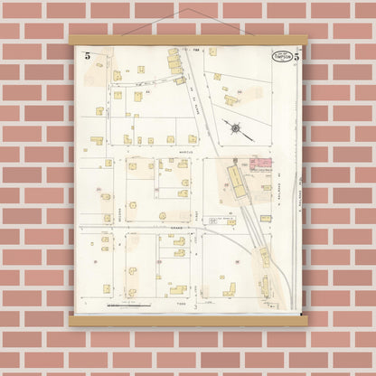 Old map wall art mockup — magnetic wood frame on brick wall — Sanborn Fire Insurance Map from Timpson, Shelby County, Texas (1941), Sheet #0005