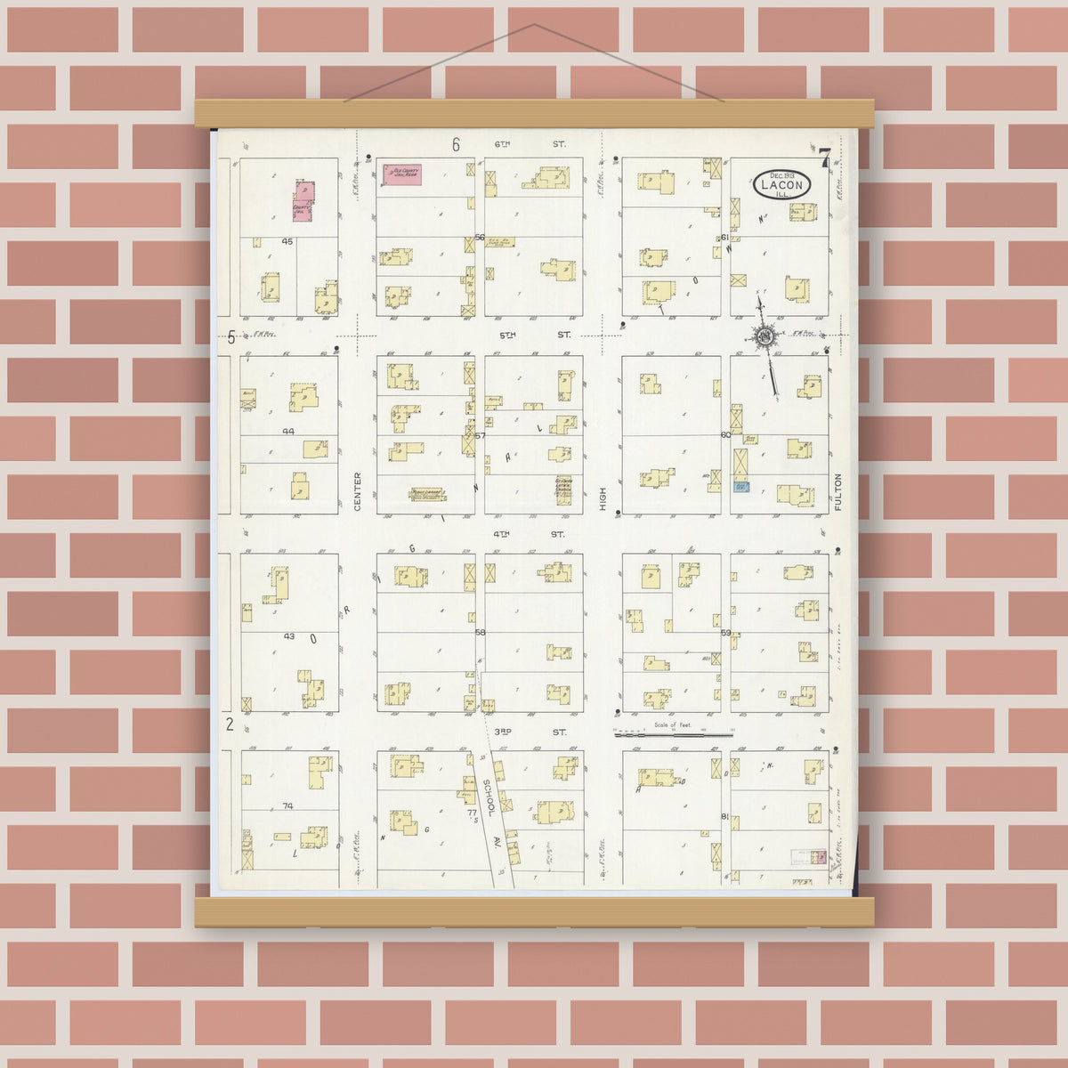 Old map wall art mockup — magnetic wood frame on brick wall — Sanborn Fire Insurance Map from Lacon, Marshall County, Illinois (1913), Sheet #0007