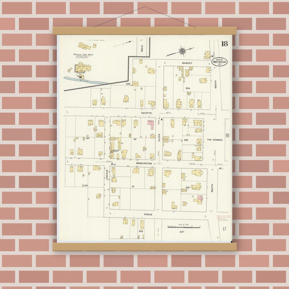 Old map wall art mockup — magnetic wood frame on brick wall — Sanborn Fire Insurance Map from Waterloo, Seneca County, New York (1911), Sheet #0018