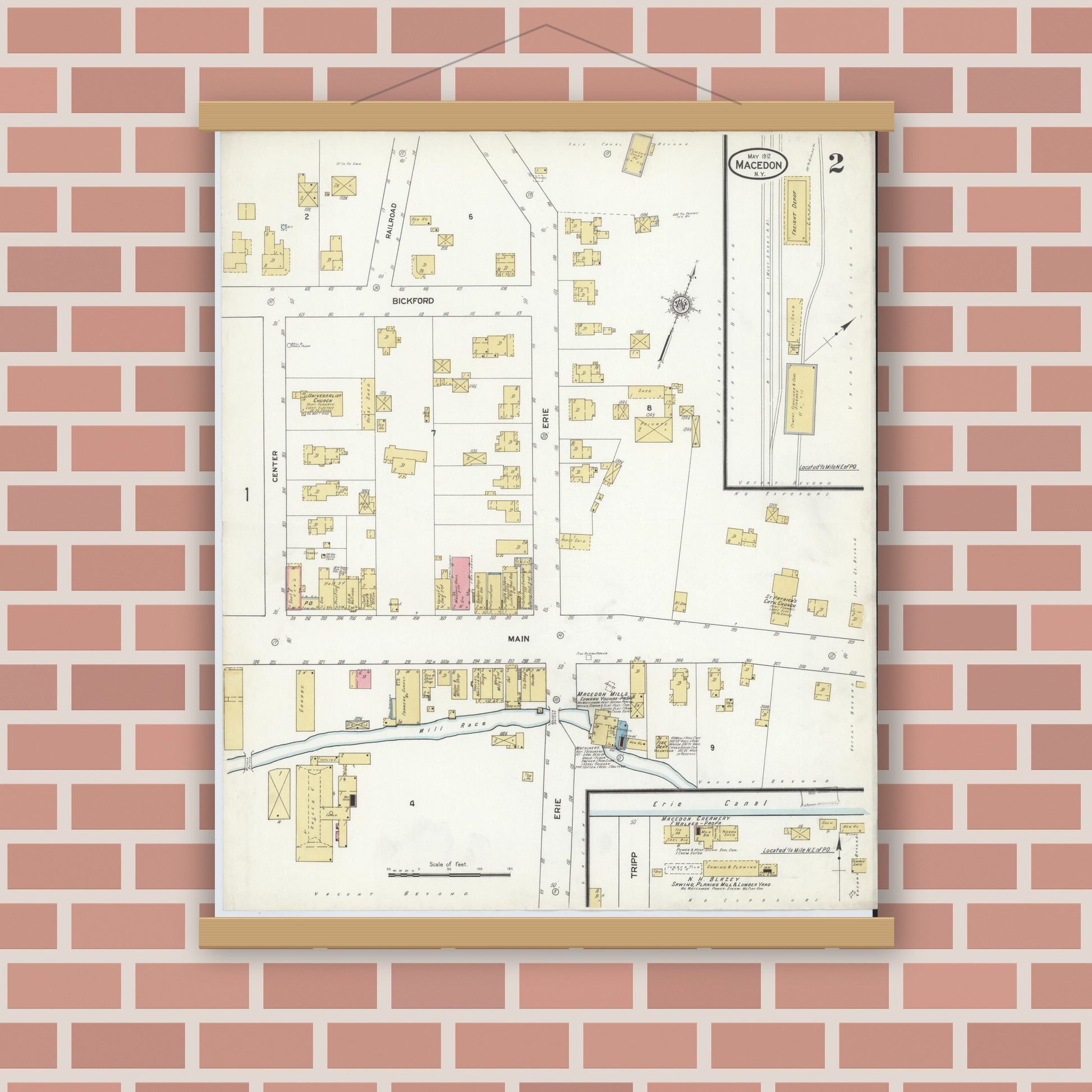 Old map wall art mockup — magnetic wood frame on brick wall — Sanborn Fire Insurance Map from Macedon, Wayne County, New York (1912), Sheet #0002