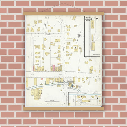Old map wall art mockup — magnetic wood frame on brick wall — Sanborn Fire Insurance Map from Macedon, Wayne County, New York (1912), Sheet #0002